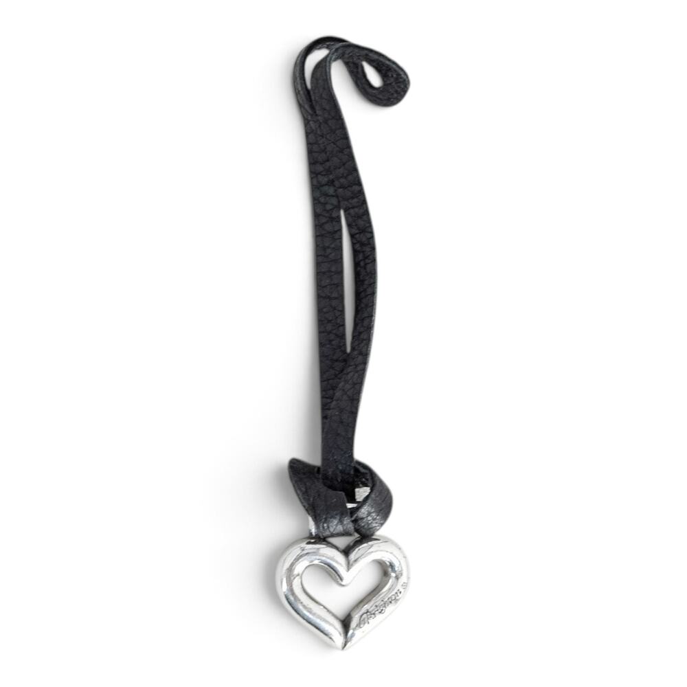 Brighton Silver Heart Key Fob Purse Charm Black Leather Strap 8" Vintage